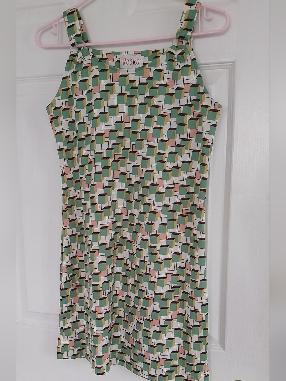 Green Geometric Midi Dress with Adjustable Straps